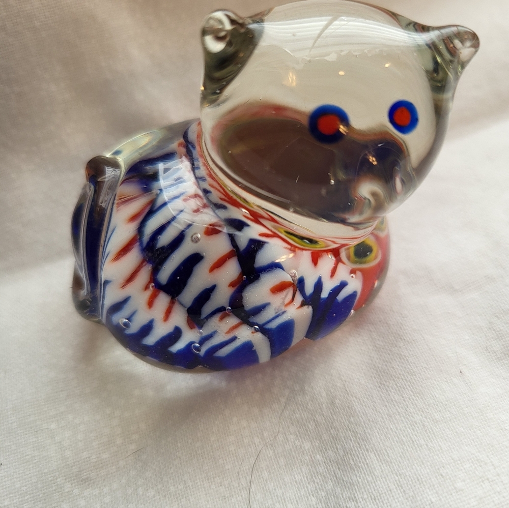 MURANO Clear With  Blue And Red Colorful Glass Cat Figurine Aprox. 1.5 X 1.75 In
